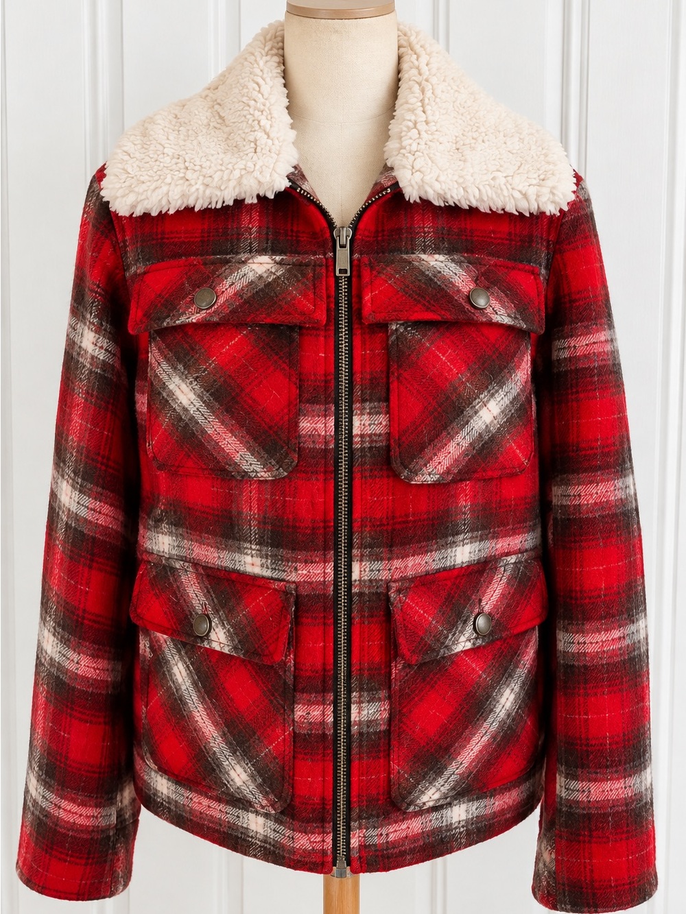 Anthropologie Red Plaid Sherpa-Collar Jacket